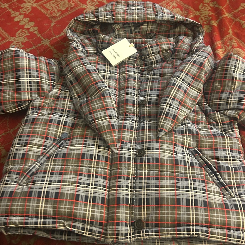 Plaid Puffer Bomber Jacket with Scarf Hood - Brown/Gray - Picture 10 of 16